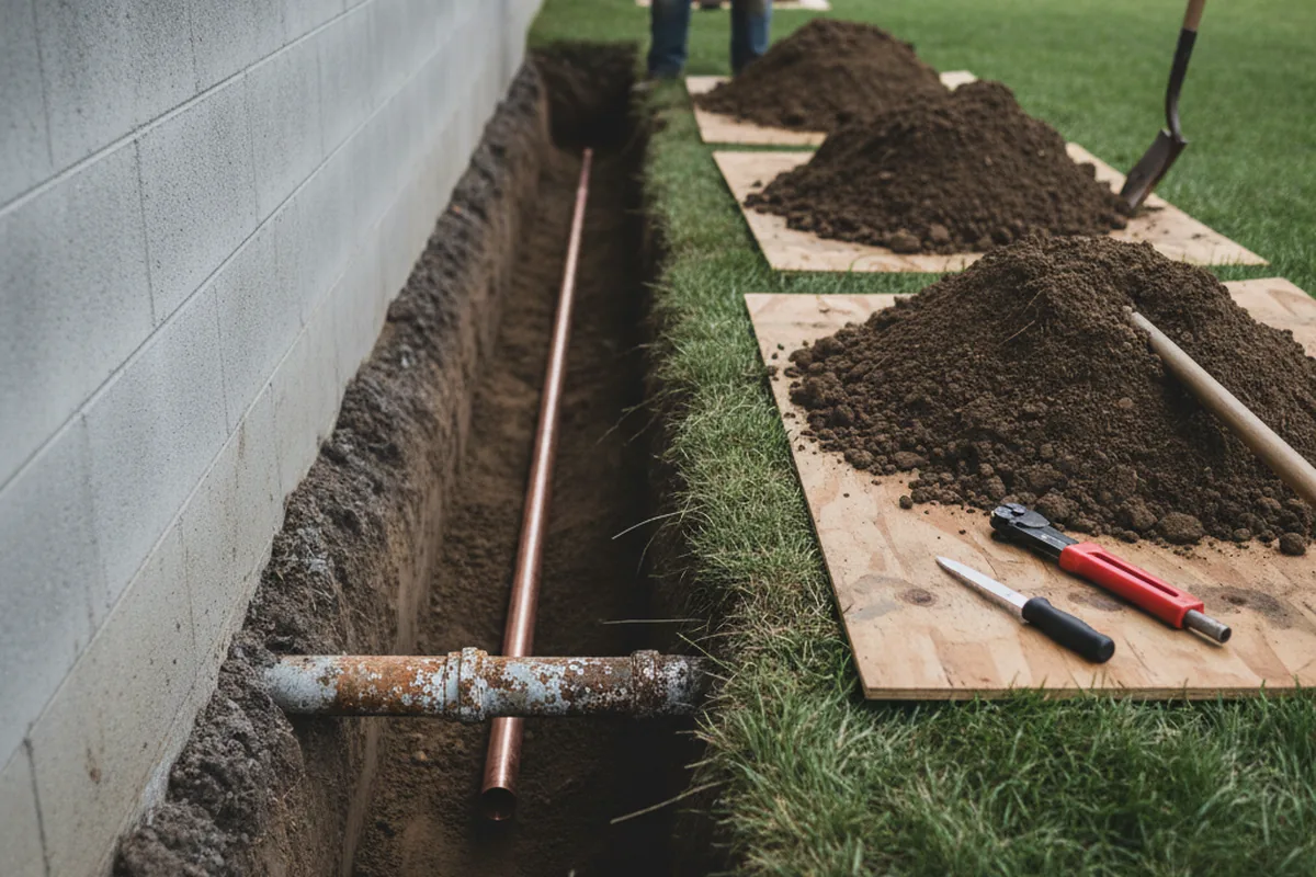 Excavated water line trench during Sewer Line Repair in Garden Prairie